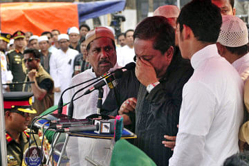Nazmul Hasan Papon, son of late president Zillur Rahman, tears while delivering speech at Jatiya Eidgah Maidan in the capital Friday afternoon. Photo: Firoz Ahmed 