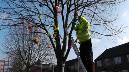 Many of the decorations were strung up as part of a community event.