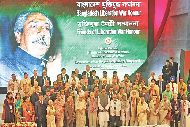 Bangladesh government honours foreign friends with "Bangladesh Liberation War Honour" in the Bangabandhu International Convention Centre in the capital yesterday. photo: star