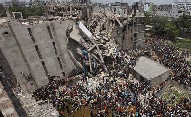 The photo taken on April 24, shows a rear-view of collapsed Rana Plaza. Photo: Star