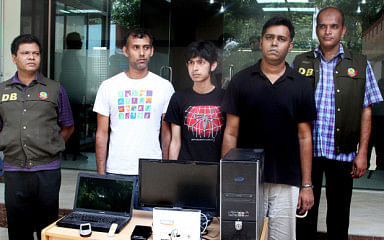 This April 2 photo shows three bloggers arrested for “writing derogatory content about Islam” at a press briefing at Detective Branch office in Dhaka. Photo: Palash Khan