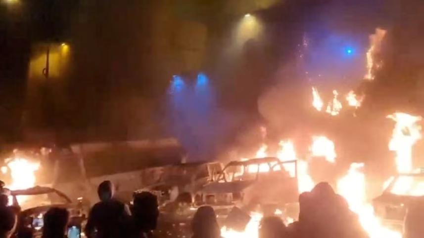 Protesters gather as vehicles burn, amid evolving anti-government unrest, in Tehran, Iran, in this screen grab obtained from a social media video released on January 9, 2026. Photo: Social Media/via Reuters Purchase Licensing Rights