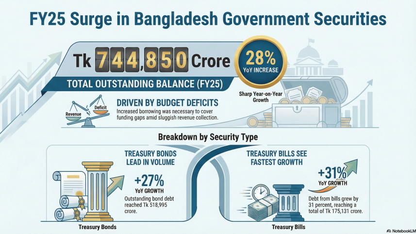 Govt debt jumps 28% to Tk 7.45 lakh crore in FY25
