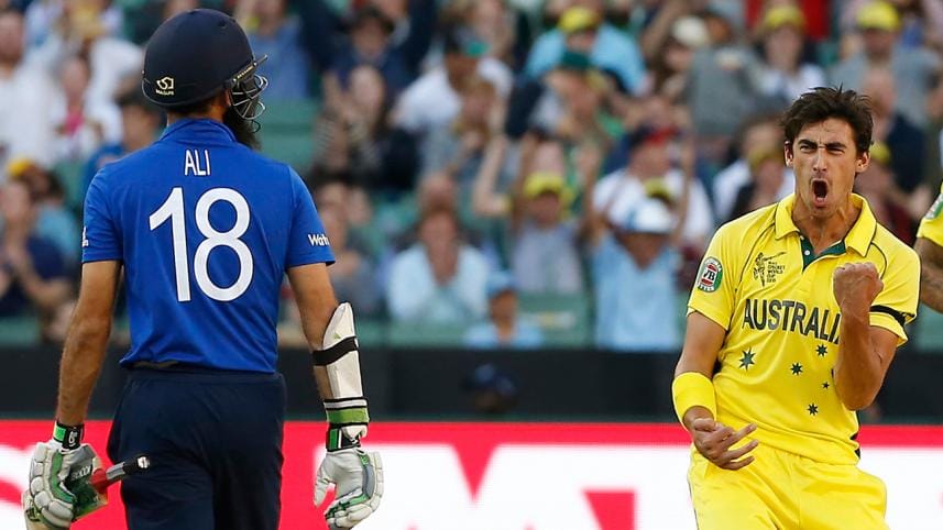Australia's Mitchell Starc (R) celebrates dismissing England's Moeen Ali for 10 runs