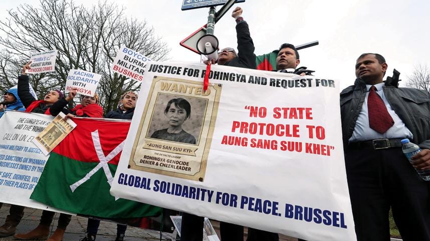 People demonstrate against Myanmar's leader Aung San Suu Kyi 