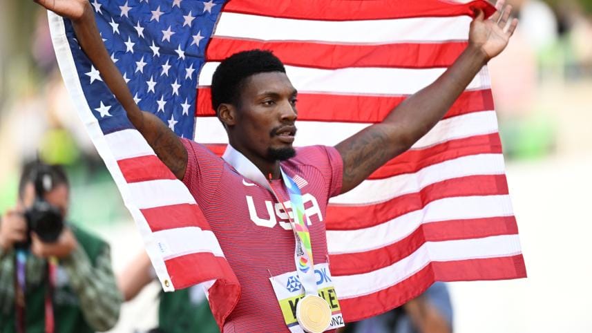 Gold medallist USA's Fred Kerley celebrates after crossing the finish line in first place in the men's 100m final during the World Athletics Championships at Hayward Field in Eugene