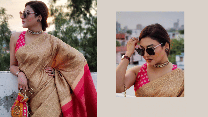 Jaya Ahsan in a combination of hot pink and beige