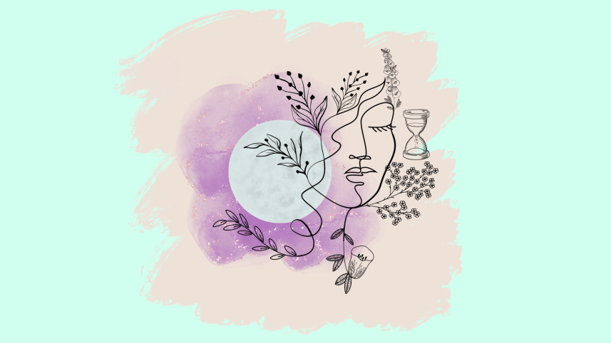 Abstract line art of woman with an hourglass and foliage