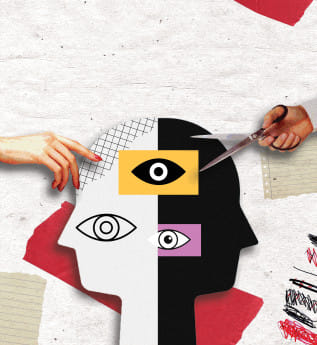 Collage of elements including silhouettes of human faces, eyes, scissors and other things. 