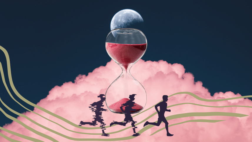 Silhouette of a person dissolving as a sand clock progresses.