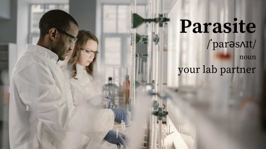 Scientists working with text imposed on top.