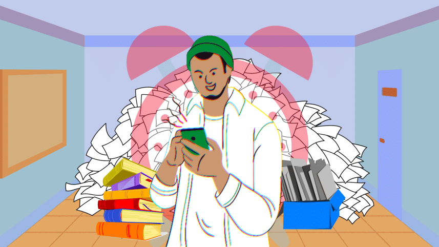 A person using their phone with literal piles of work left to do.
