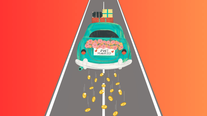 Car with just married sign leaving a trail of coins