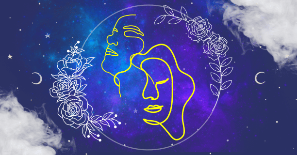 Doodles of two faces with floral patterns surrounding it against a backdrop of the sky. 