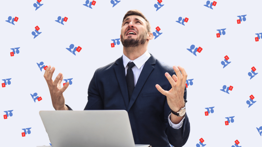 Man distressed with the friend request logo imposed in patterns behind him. 