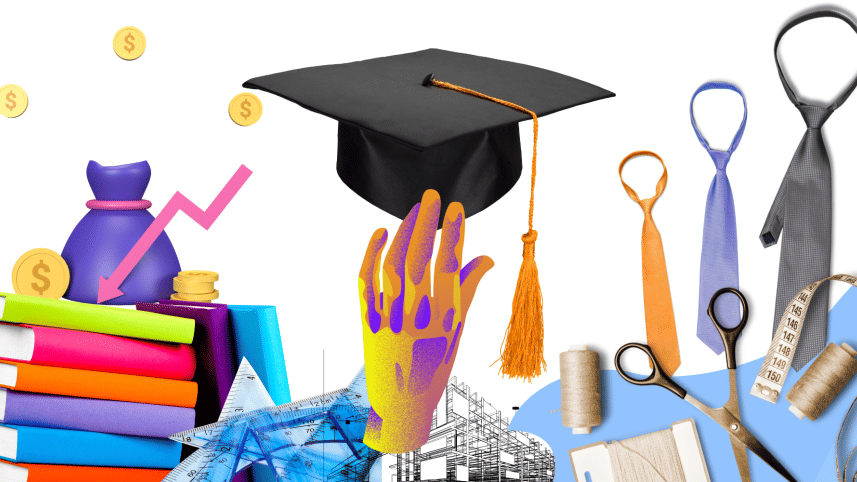 Collage consisting of stationeries, graduation hat, and ties amidst other things.  