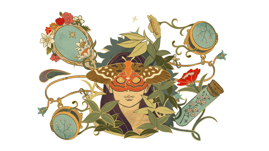 Portrait of a girl with a butterfly covering the upperpart of her face and other elements such as plants, mirrors, and a test tube scattered around her. 