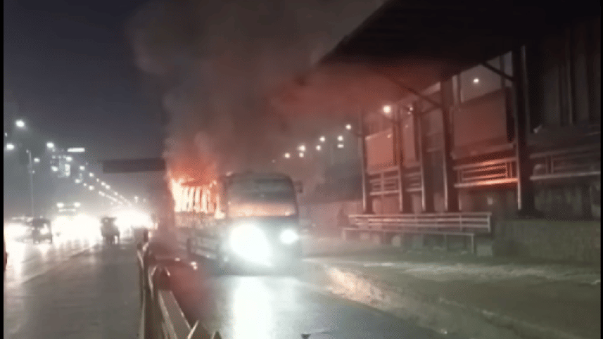 Bus set on fire in Khilkhet