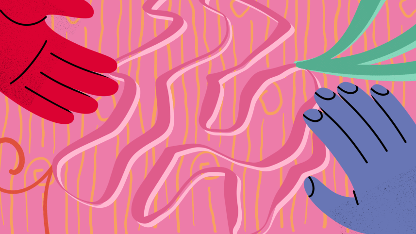 Two hands reaching out for each other amidst a vivid pattern. 