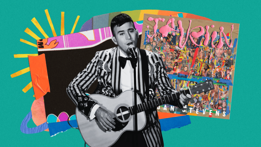 Collage of Sufjan Stevens alongside paper cutouts and the Javelin album cover.   