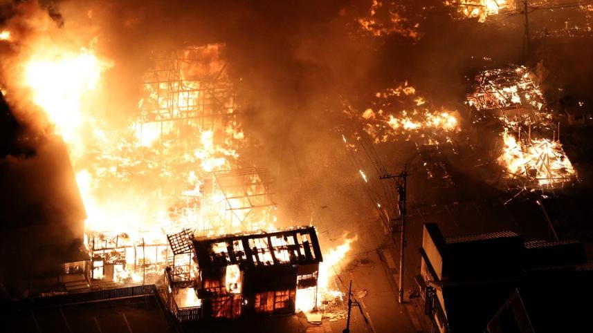 This aerial photo shows buildings burning in the city of Wajima, Ishikawa prefecture on January 1, 2024, after a major 7.5 magnitude earthquake struck the Noto region in Ishikawa prefecture in the afternoon.