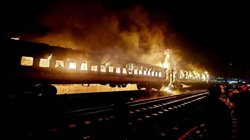 Benapole Express train set on fire in Dhaka