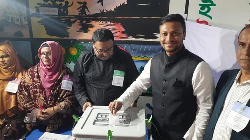Cricketer Shakib Al Hasan, the Awami League candidate from Magura-1, cast his vote in the parliamentary election.