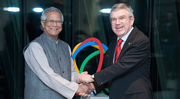 Professor Muhammad Yunus during a meeting with IOC President Thomas Bach at Olympic House in Lausanne in 2020.