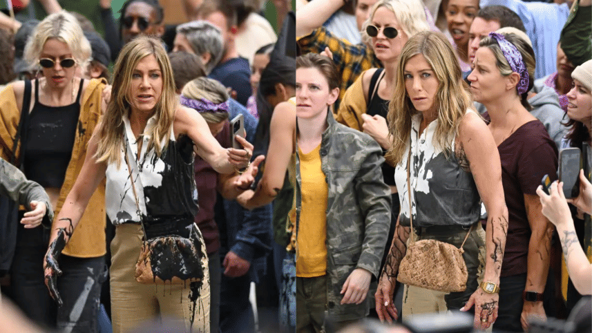Protesters fling oil at Jennifer Aniston
