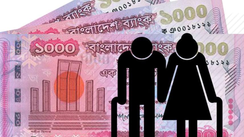 Silhouette of an elderly couple against a bunch of thousand taka notes. 