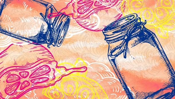 Collage of a jar and fruits against a watercolour background 