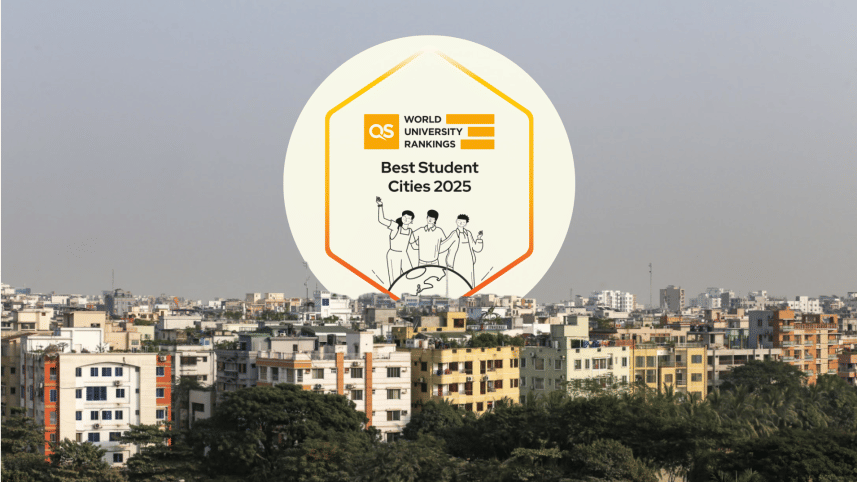 QS World Ranking "Best Student Cities 2025" Logo against the Dhaka cityscape.
