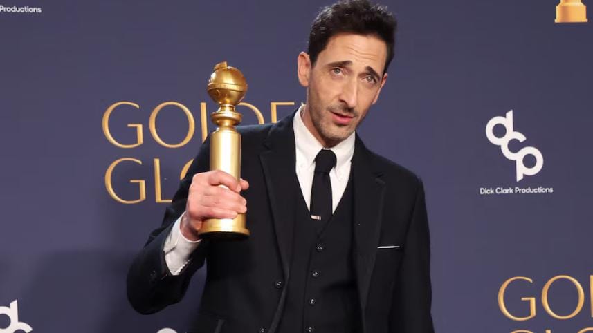 Adrien Brody, winner of Best Performance by a Male Actor in a Motion Picture - Drama for "The Brutalist" poses at the 82nd Golden Globe Awards in Beverly Hills,.jpg