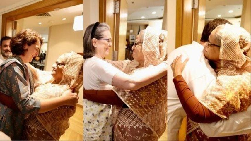 Sonia Gandhi, Rahul, Priyanka meet Hasina in New Delhi