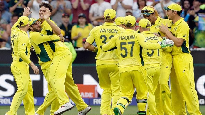 Australia's Mitchell Marsh celebrates with team mates 
