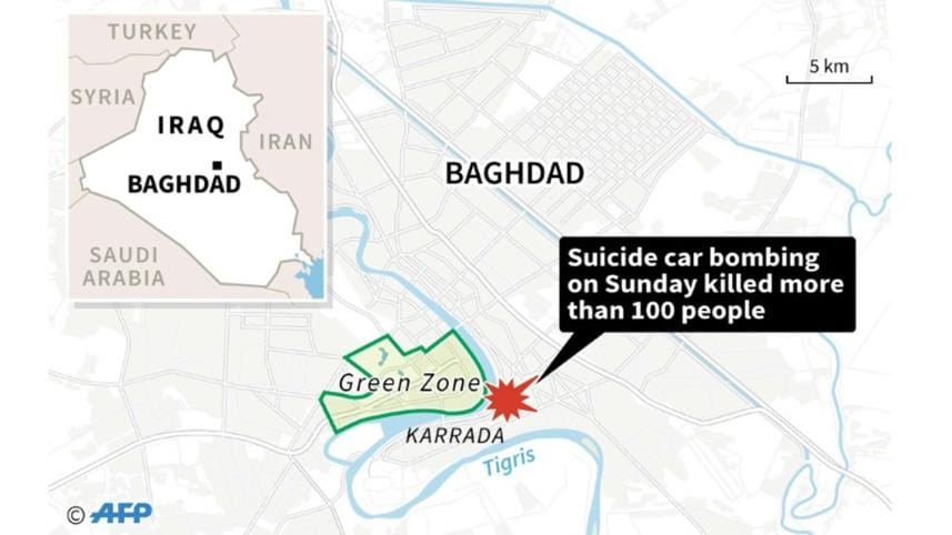 Map of central Baghdad locating Sunday's deadly suicide car bombing in the Karrada district of the city. 