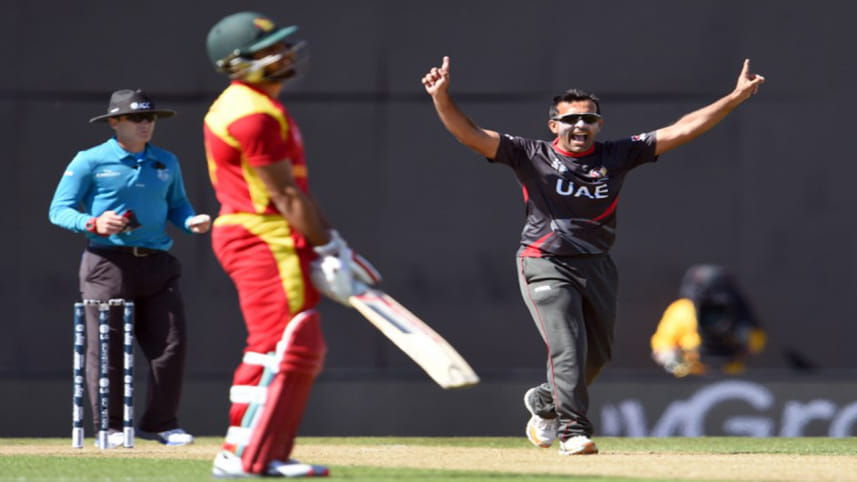 Mohammad Tauqir celebrates after dismissing Zimbabwe batsman 