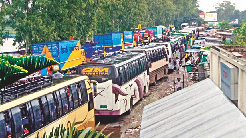 Hundreds of buses wait for ferries at Paturia ferry terminal tailbacks, eid rush, manikganj, Paturia ferry terminal