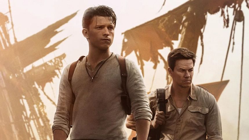 Uncharted movie scene with Tom Holland and Mark Wahlberg. Uncharted movie scene with Tom Holland and Mark Wahlberg.