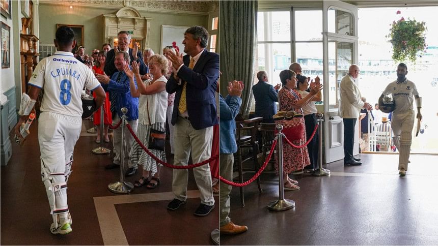 Applaud and clapping for Cheteshwar Pujara at Lord's dressing room, he scored 231(403). Applaud and clapping for Cheteshwar Pujara at Lord's dressing room, he scored 231(403).