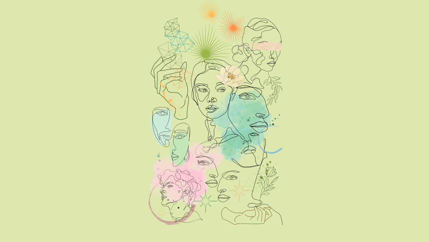 Illustration using line art of faces and shapes