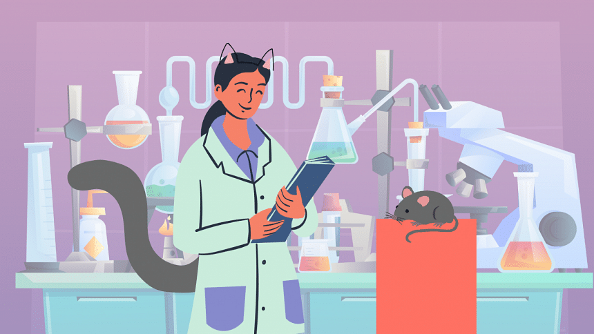 An illustration of a woman with cat ears and a tail looking at a mouse in a lab An illustration of a woman with cat ears and a tail looking at a mouse in a lab