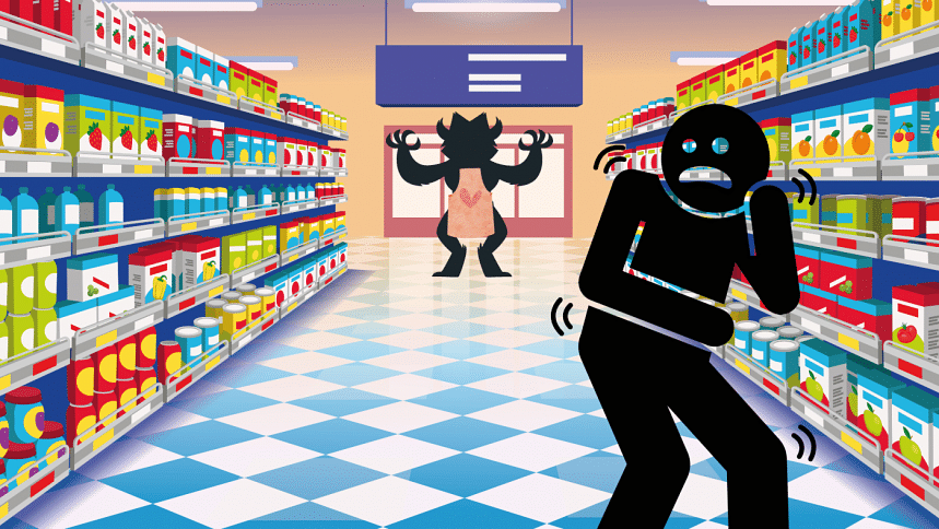 An illustration of a man being scared of a supermarket saleswoman An illustration of a man being scared of a supermarket saleswoman