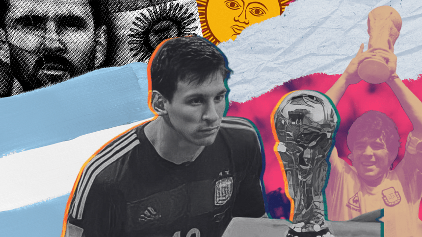 Collage of Lionel Messi glaring at the World Cup trophy.