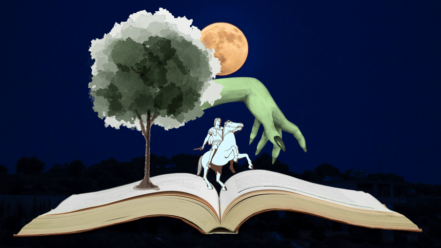 Collage of mythical elements from Rupkothar Golpo