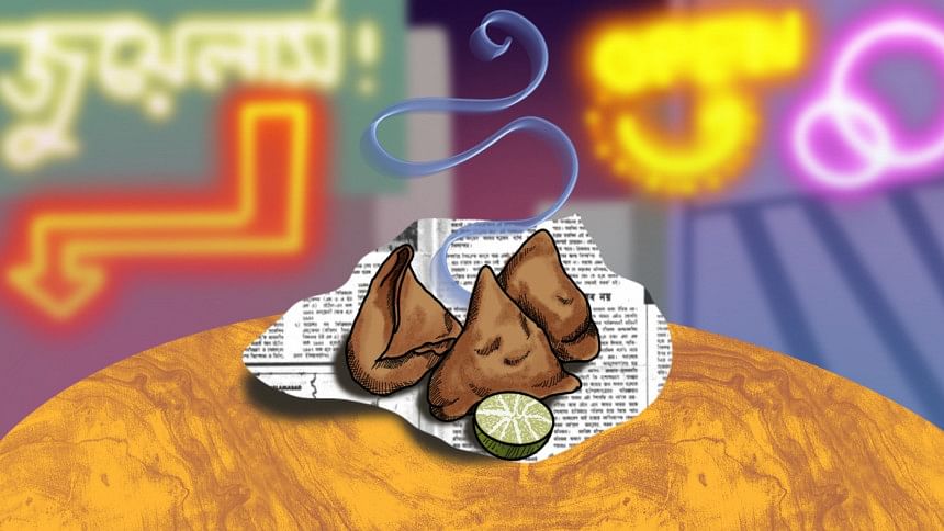 Shingaras placed on a table in a cyberpunk setting