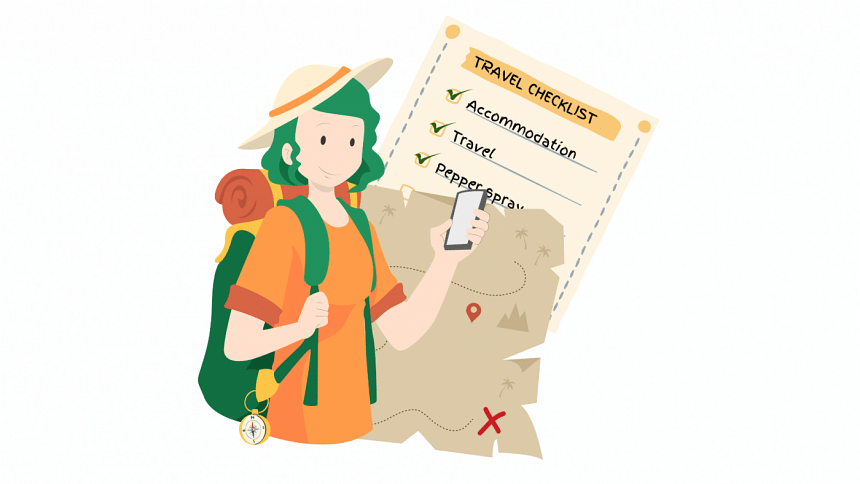 Solo female traveler with lists and maps