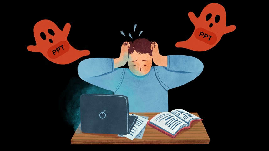 An illustration of a boy being haunted by PowerPoint ghosts. An illustration of a boy being haunted by PowerPoint ghosts.
