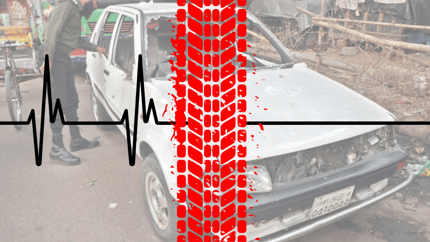 Smeared out print of a tyre against a backdrop of a wrecked vehicle