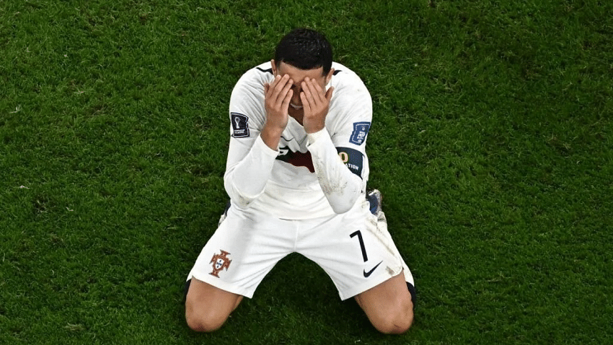 Ronaldo crying after Portugal's defeat to Morocco in the World Cup
